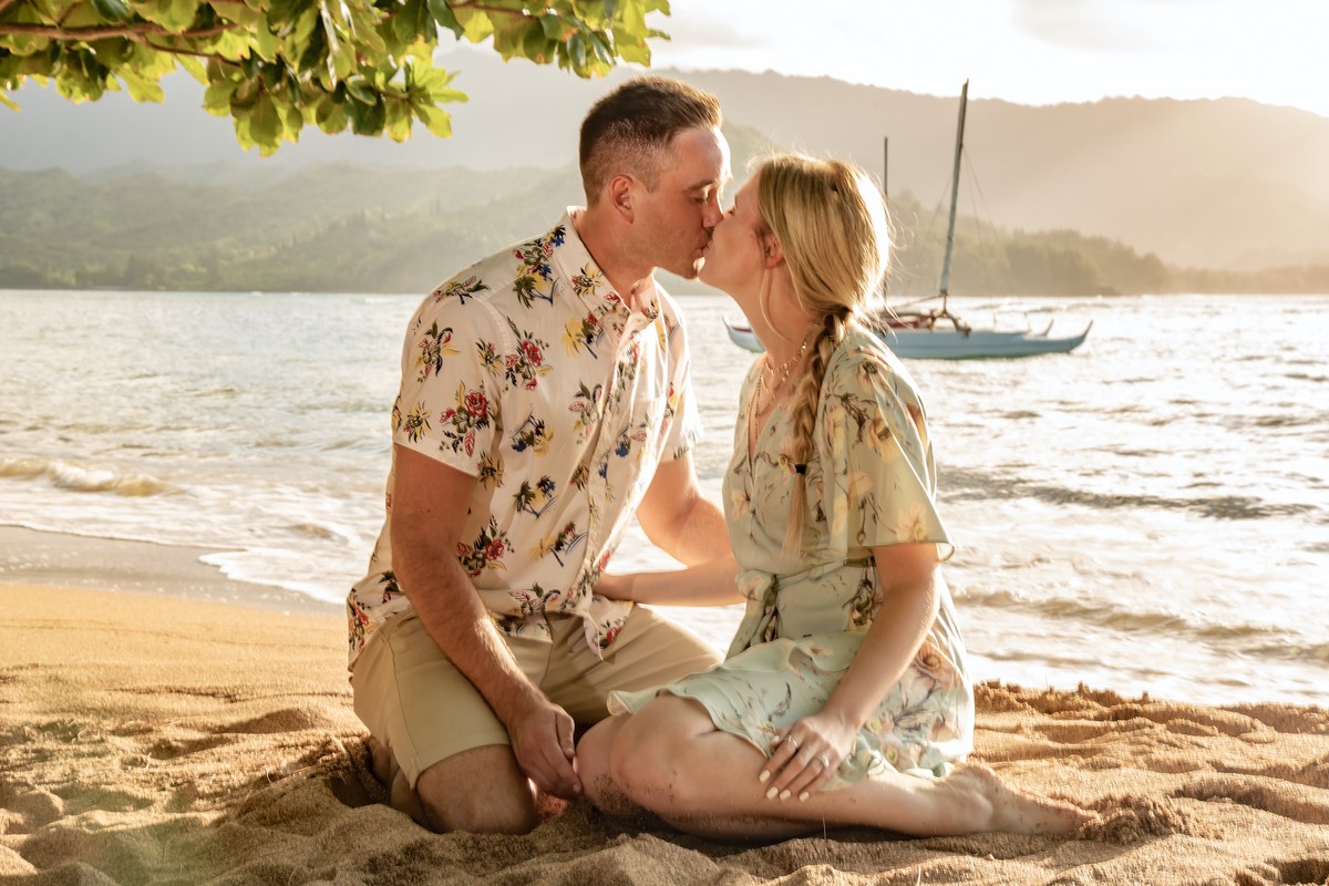 Puu Poa beach Kauai just engaged kiss