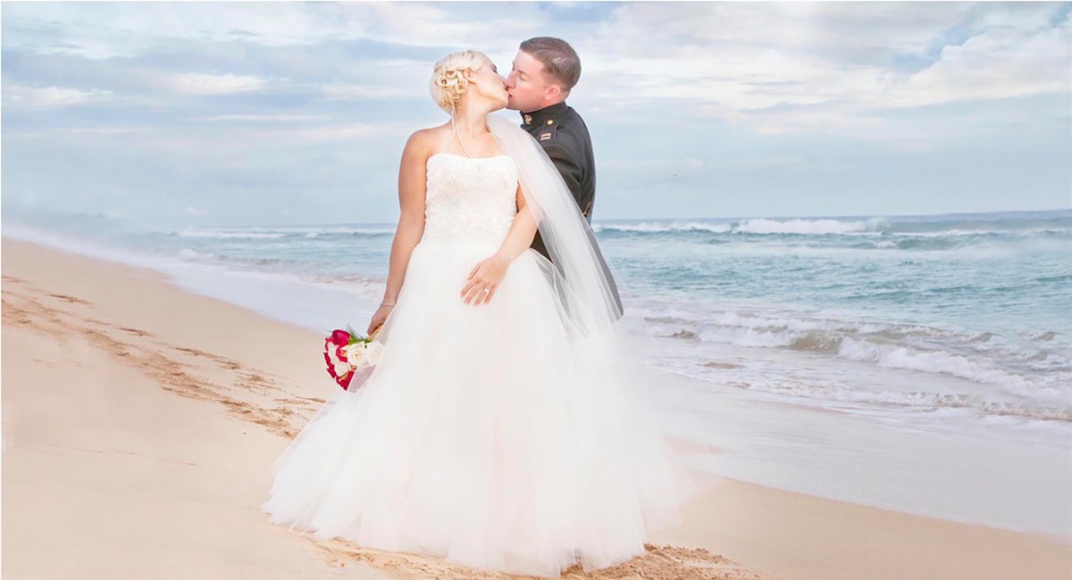 Marine and bride beach wedding Kauai